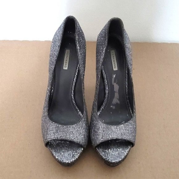 Vera Wang Selima Silver Glitter Peep Toe Platform Stiletto Pumps Womens Size 7 - Picture 4 of 12